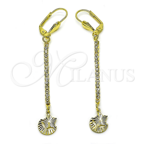 Oro Laminado Long Earring, Gold Filled Style Star and Moon Design, with White Crystal, Diamond Cutting Finish, Golden Finish, 5.104.018