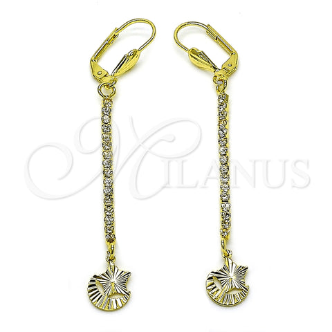 Oro Laminado Long Earring, Gold Filled Style Star and Moon Design, with White Crystal, Diamond Cutting Finish, Golden Finish, 5.104.018