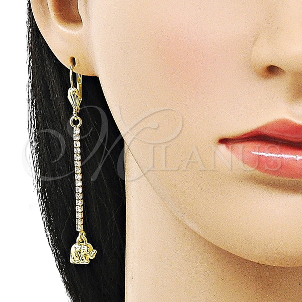 Oro Laminado Long Earring, Gold Filled Style Elephant Design, with White Crystal, Polished, Golden Finish, 5.108.001