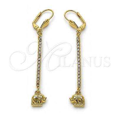 Oro Laminado Long Earring, Gold Filled Style Elephant Design, with White Crystal, Polished, Golden Finish, 5.108.001