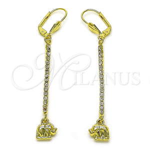 Oro Laminado Long Earring, Gold Filled Style Elephant Design, with White Crystal, Polished, Golden Finish, 5.108.001