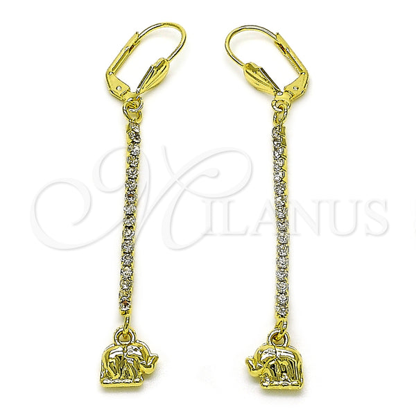 Oro Laminado Long Earring, Gold Filled Style Elephant Design, with White Crystal, Polished, Golden Finish, 5.108.001