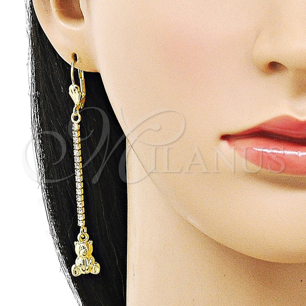 Oro Laminado Long Earring, Gold Filled Style Teddy Bear Design, with White Crystal, Polished, Golden Finish, 5.110.002