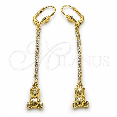 Oro Laminado Long Earring, Gold Filled Style Teddy Bear Design, with White Crystal, Polished, Golden Finish, 5.110.002