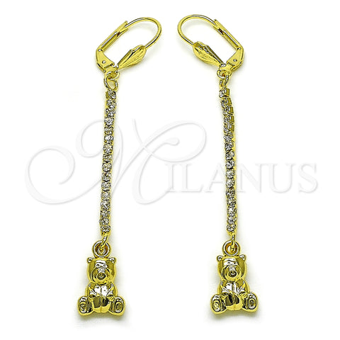 Oro Laminado Long Earring, Gold Filled Style Teddy Bear Design, with White Crystal, Polished, Golden Finish, 5.110.002