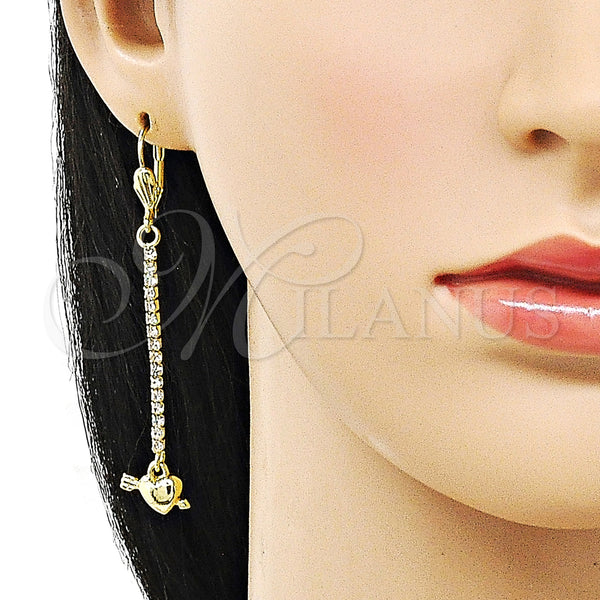 Oro Laminado Long Earring, Gold Filled Style Heart and Arrow Design, with White Crystal, Polished, Golden Finish, 5.111.001
