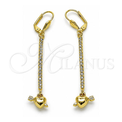 Oro Laminado Long Earring, Gold Filled Style Heart and Arrow Design, with White Crystal, Polished, Golden Finish, 5.111.001