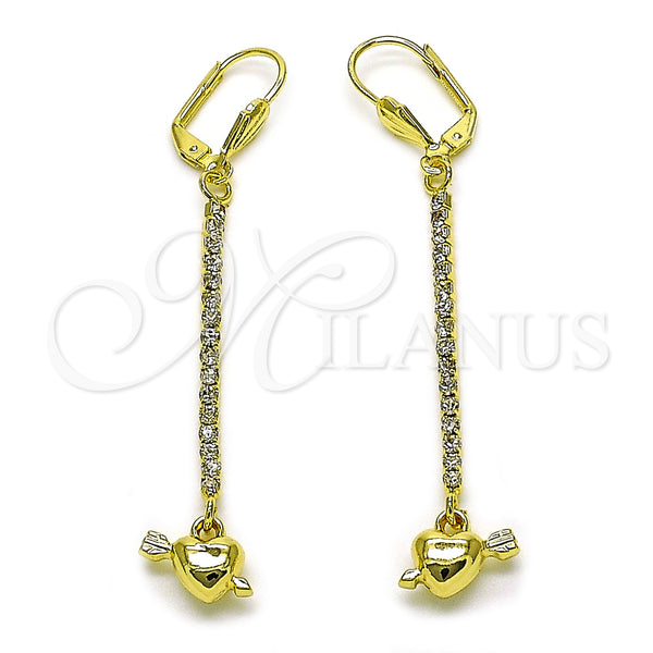 Oro Laminado Long Earring, Gold Filled Style Heart and Arrow Design, with White Crystal, Polished, Golden Finish, 5.111.001