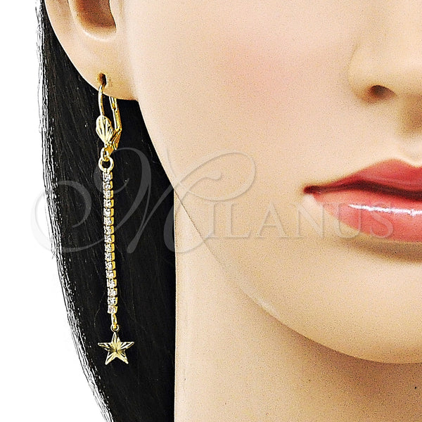 Oro Laminado Long Earring, Gold Filled Style Star Design, with White Crystal, Diamond Cutting Finish, Golden Finish, 5.111.013
