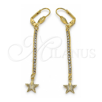 Oro Laminado Long Earring, Gold Filled Style Star Design, with White Crystal, Diamond Cutting Finish, Golden Finish, 5.111.013
