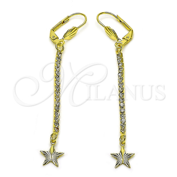 Oro Laminado Long Earring, Gold Filled Style Star Design, with White Crystal, Diamond Cutting Finish, Golden Finish, 5.111.013