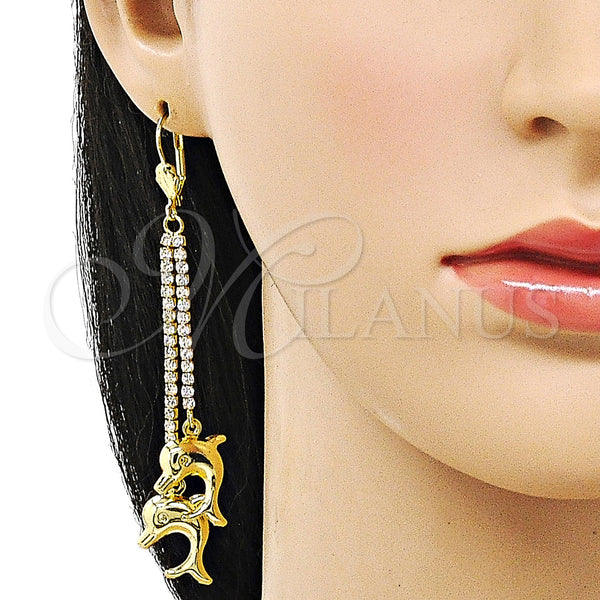 Oro Laminado Long Earring, Gold Filled Style Dolphin Design, with White Cubic Zirconia and White Crystal, Polished, Golden Finish, 5.067.001