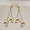 Oro Laminado Long Earring, Gold Filled Style Dolphin Design, with White Cubic Zirconia and White Crystal, Polished, Golden Finish, 5.067.001