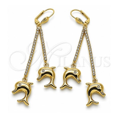 Oro Laminado Long Earring, Gold Filled Style Dolphin Design, with White Cubic Zirconia and White Crystal, Polished, Golden Finish, 5.067.001