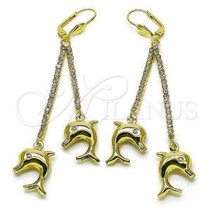Oro Laminado Long Earring, Gold Filled Style Dolphin Design, with White Cubic Zirconia and White Crystal, Polished, Golden Finish, 5.067.001