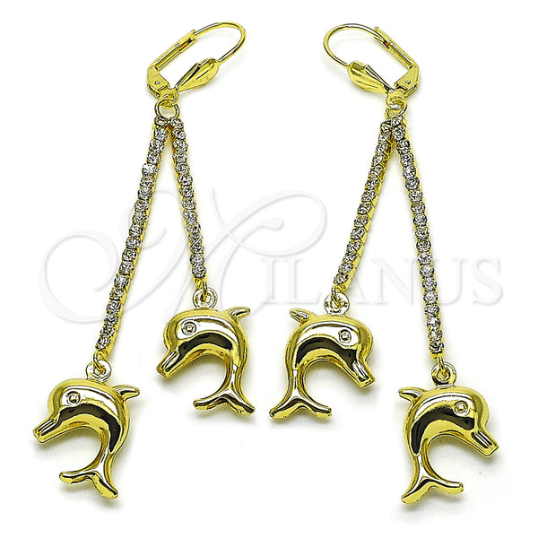 Oro Laminado Long Earring, Gold Filled Style Dolphin Design, with White Cubic Zirconia and White Crystal, Polished, Golden Finish, 5.067.001