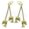Oro Laminado Long Earring, Gold Filled Style Dolphin Design, with White Cubic Zirconia and White Crystal, Polished, Golden Finish, 5.067.001