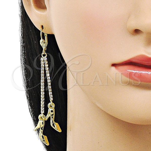 Oro Laminado Long Earring, Gold Filled Style Shoes Design, with White Crystal, Polished, Golden Finish, 5.067.010