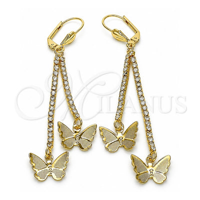 Oro Laminado Long Earring, Gold Filled Style Butterfly Design, with White Crystal, Polished, Golden Finish, 5.071.011