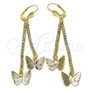 Oro Laminado Long Earring, Gold Filled Style Butterfly Design, with White Crystal, Polished, Golden Finish, 5.071.011