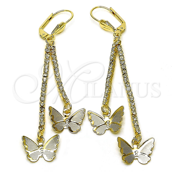 Oro Laminado Long Earring, Gold Filled Style Butterfly Design, with White Crystal, Polished, Golden Finish, 5.071.011
