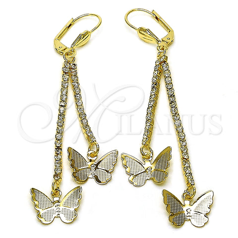 Oro Laminado Long Earring, Gold Filled Style Butterfly Design, with White Crystal, Polished, Golden Finish, 5.071.011