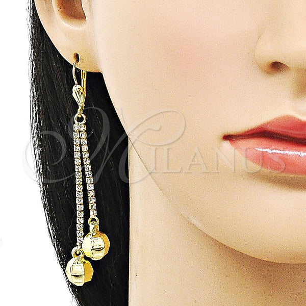 Oro Laminado Long Earring, Gold Filled Style Ball and Disco Design, with White Crystal, Polished, Golden Finish, 5.074.003