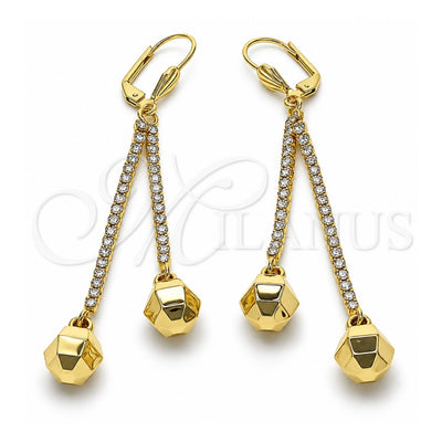 Oro Laminado Long Earring, Gold Filled Style Ball and Disco Design, with White Crystal, Polished, Golden Finish, 5.074.003