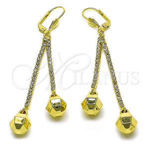 Oro Laminado Long Earring, Gold Filled Style Ball and Disco Design, with White Crystal, Polished, Golden Finish, 5.074.003