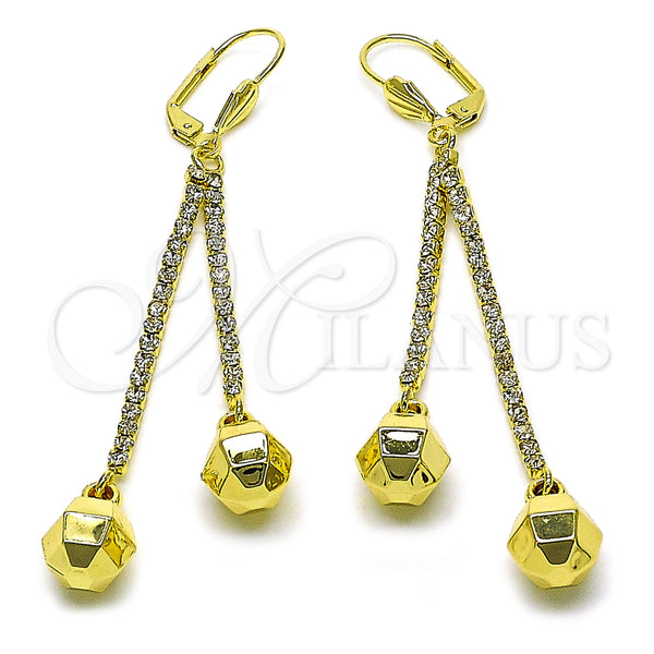 Oro Laminado Long Earring, Gold Filled Style Ball and Disco Design, with White Crystal, Polished, Golden Finish, 5.074.003