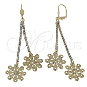 Oro Laminado Long Earring, Gold Filled Style Flower Design, with White Cubic Zirconia, Diamond Cutting Finish, Golden Finish, 5.075.002