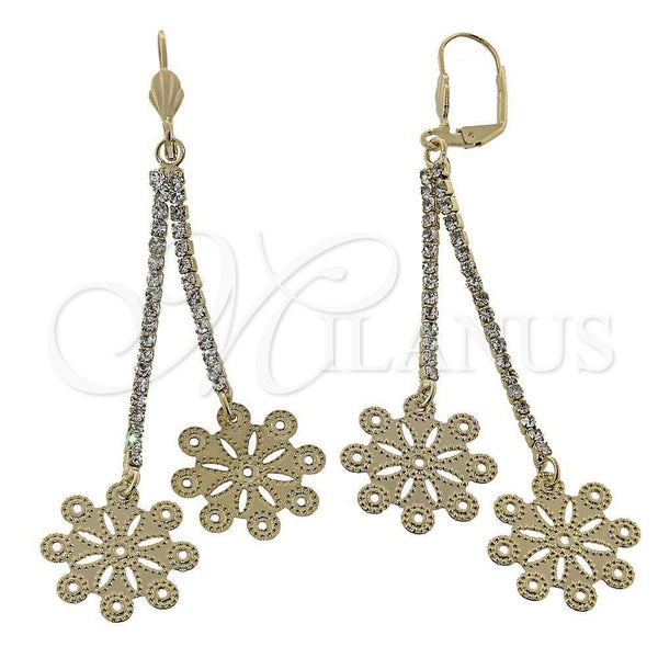 Oro Laminado Long Earring, Gold Filled Style Flower Design, with White Cubic Zirconia, Diamond Cutting Finish, Golden Finish, 5.075.002