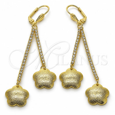 Oro Laminado Long Earring, Gold Filled Style Flower Design, with White Crystal, Matte Finish, Golden Finish, 5.075.005