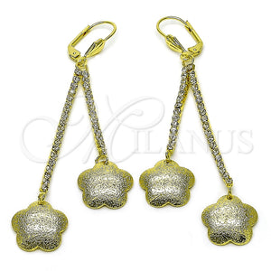 Oro Laminado Long Earring, Gold Filled Style Flower Design, with White Crystal, Matte Finish, Golden Finish, 5.075.005