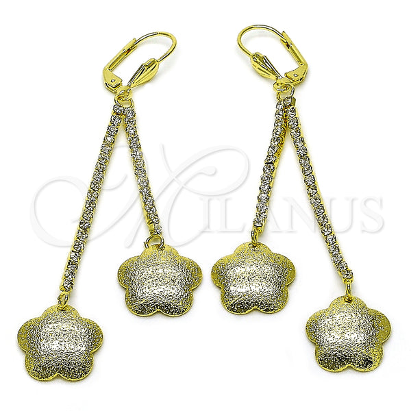 Oro Laminado Long Earring, Gold Filled Style Flower Design, with White Crystal, Matte Finish, Golden Finish, 5.075.005