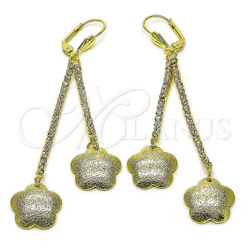 Oro Laminado Long Earring, Gold Filled Style Flower Design, with White Crystal, Matte Finish, Golden Finish, 5.075.005