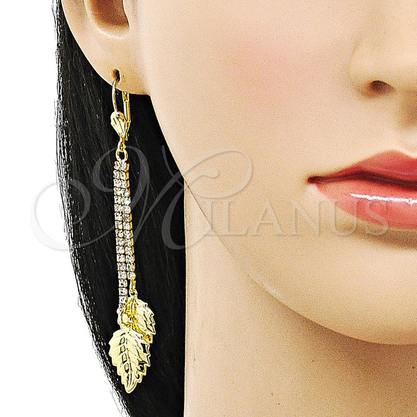 Oro Laminado Long Earring, Gold Filled Style Leaf Design, with White Crystal, Polished, Golden Finish, 5.081.004