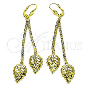 Oro Laminado Long Earring, Gold Filled Style Leaf Design, with White Crystal, Polished, Golden Finish, 5.081.004