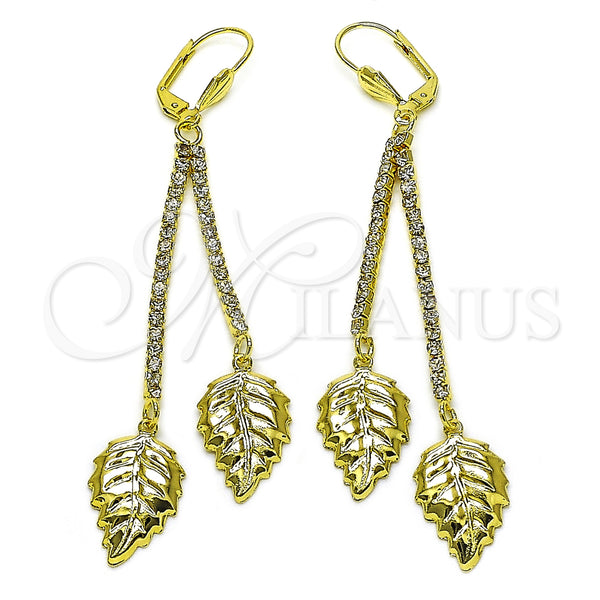Oro Laminado Long Earring, Gold Filled Style Leaf Design, with White Crystal, Polished, Golden Finish, 5.081.004