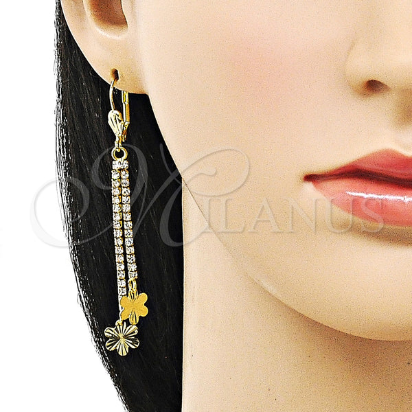 Oro Laminado Long Earring, Gold Filled Style Flower Design, with White Crystal, Diamond Cutting Finish, Golden Finish, 5.081.006