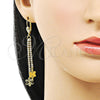 Oro Laminado Long Earring, Gold Filled Style Flower Design, with White Crystal, Diamond Cutting Finish, Golden Finish, 5.081.006
