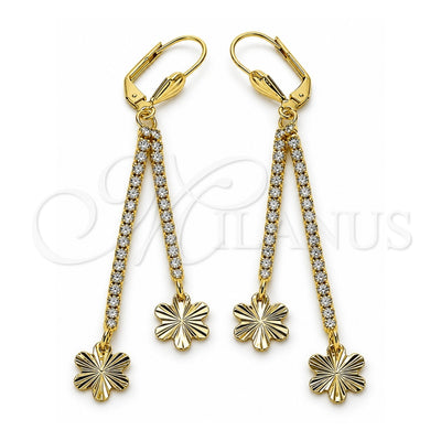 Oro Laminado Long Earring, Gold Filled Style Flower Design, with White Crystal, Diamond Cutting Finish, Golden Finish, 5.081.006