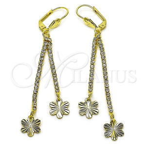 Oro Laminado Long Earring, Gold Filled Style Flower Design, with White Crystal, Diamond Cutting Finish, Golden Finish, 5.081.006