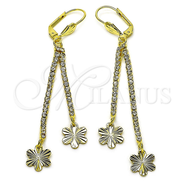 Oro Laminado Long Earring, Gold Filled Style Flower Design, with White Crystal, Diamond Cutting Finish, Golden Finish, 5.081.006