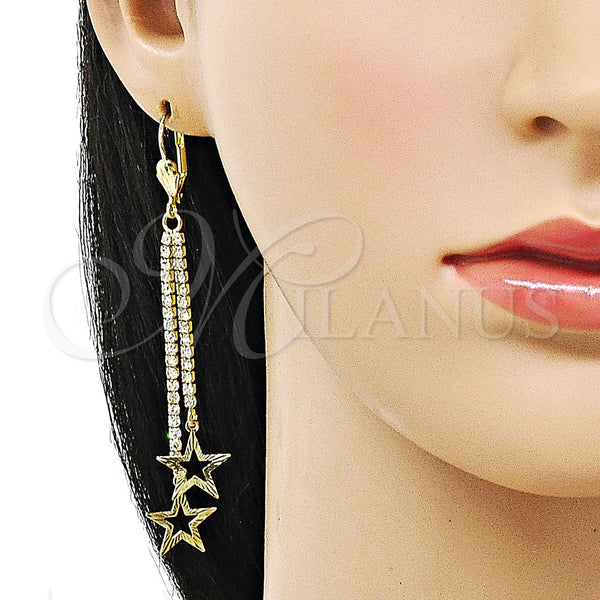 Oro Laminado Long Earring, Gold Filled Style Star Design, with White Crystal, Diamond Cutting Finish, Golden Finish, 5.085.003