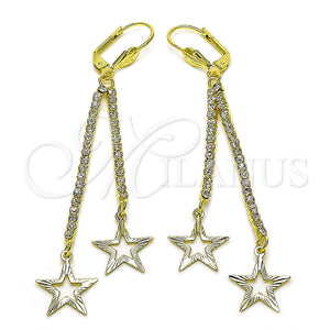 Oro Laminado Long Earring, Gold Filled Style Star Design, with White Crystal, Diamond Cutting Finish, Golden Finish, 5.085.003