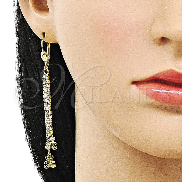 Oro Laminado Long Earring, Gold Filled Style Teddy Bear Design, with White Crystal, Diamond Cutting Finish, Golden Finish, 5.085.007
