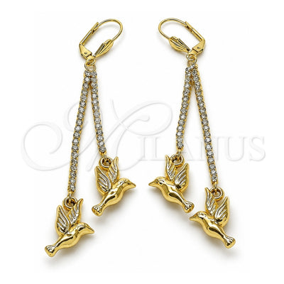 Oro Laminado Long Earring, Gold Filled Style Bird Design, with White Crystal, Polished, Golden Finish, 5.100.008