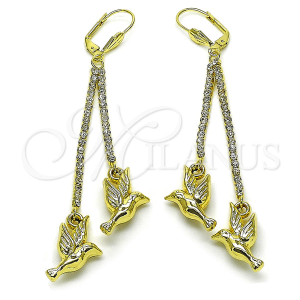 Oro Laminado Long Earring, Gold Filled Style Bird Design, with White Crystal, Polished, Golden Finish, 5.100.008