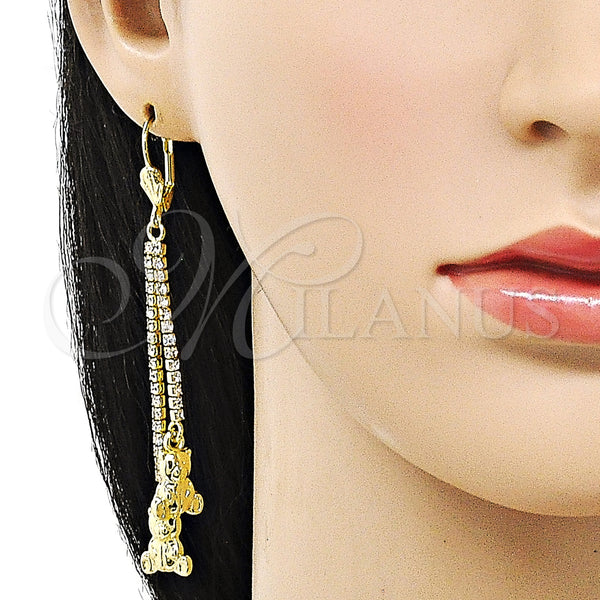 Oro Laminado Long Earring, Gold Filled Style Teddy Bear Design, with White Crystal, Polished, Golden Finish, 5.101.006
